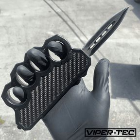 Blue Spiked OTF Knuckle Knife - Automatic Spiked Knuckles - Carbon Fiber  Trench Knives